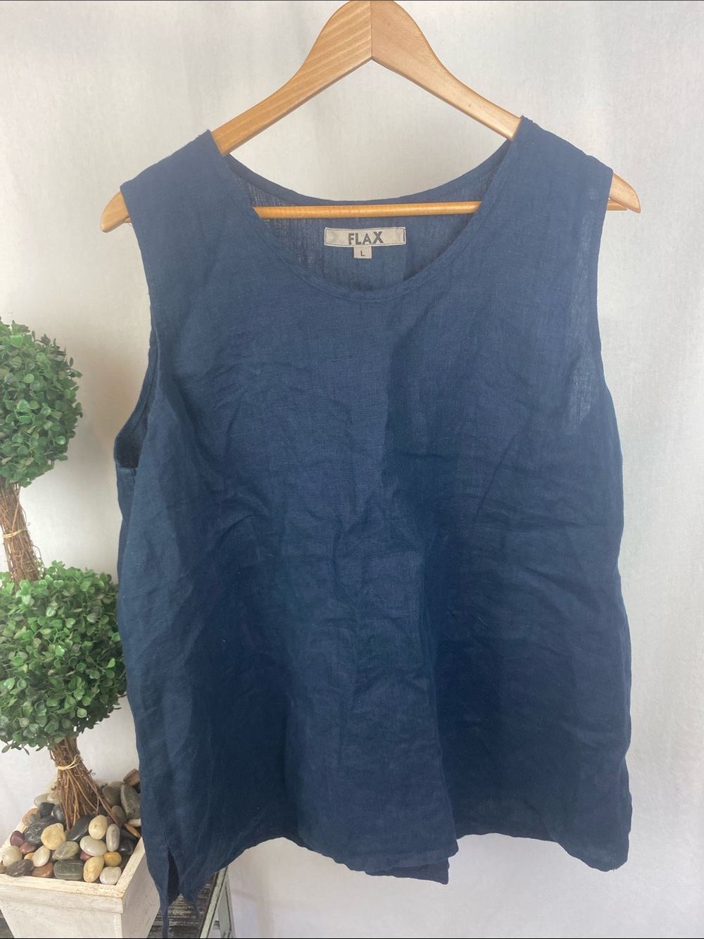 Flax 100% Linen Blue Sleeveless Tunic Top L